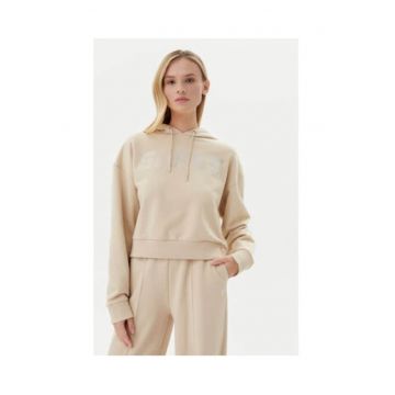 Hanorac din bumbac cu maneci cazute - gluga cu snur si logo din strasuri