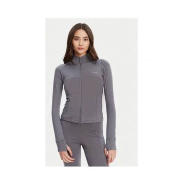 Bluza de trening cambrata din material elastic cu fermoar si logo metalic discret