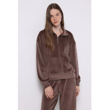 Bluza de trening catifelata cu fenta scurta cu fermoar - Maro