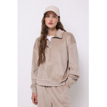 Bluza de trening catifelata cu fenta scurta cu fermoar - Piersica