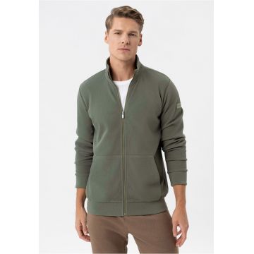 Bluza de trening cu fermoar cu guler inalt - cu buzunare frontale - mansete - Regular Fit -  B-Gulf - Kaki
