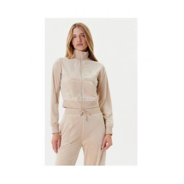 Bluza de trening cu fermoar - guler inalt si aspect de catifdwqfa - Bej