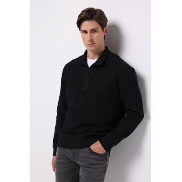 Bluza de trening din amestec de bumbac cu guler cu fermoar - Negru