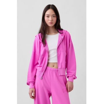 Hanorac cu fermoar si imprimeu logo - Roz neon