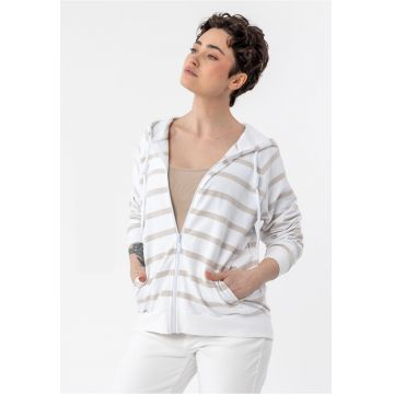 Hanorac cu gluga din bumbac dama - cu fermoar - cu dungi - buzunare -  B-Kira - alb/bej - Alb/Bej