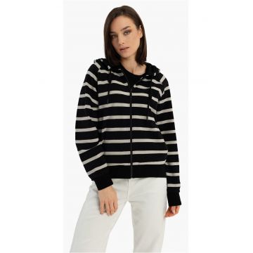 Hanorac cu gluga din bumbac dama - cu fermoar - cu dungi - buzunare -  B-Kira - negru/bej - Negru/Bej