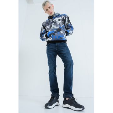 Hanorac cu imprimeu si buzunare kangaroo - Negru/Gri/Albastru