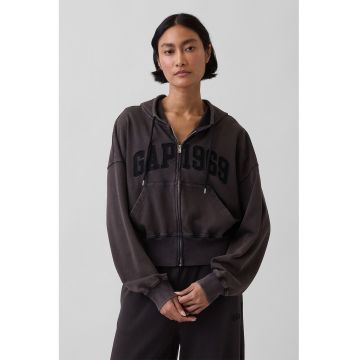 Hanorac supradimensionat cu fermoar si aplicatie logo - Maro inchis