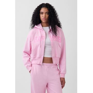 Hanorac supradimensionat cu fermoar si aplicatie logo - Roz