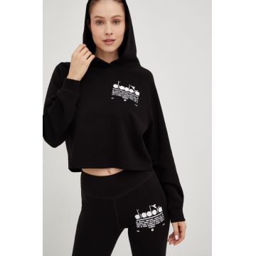Diadora hanorac de bumbac femei, culoarea negru, cu glugă, cu imprimeu Diadora hanorac de bumbac femei, culoarea negru, cu glugă, cu imprimeu